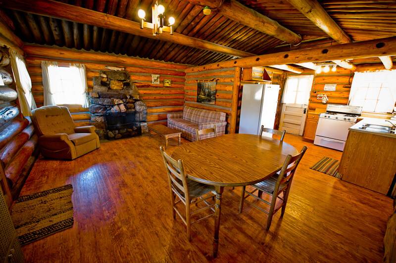 Wooden cabin lounge and dining area