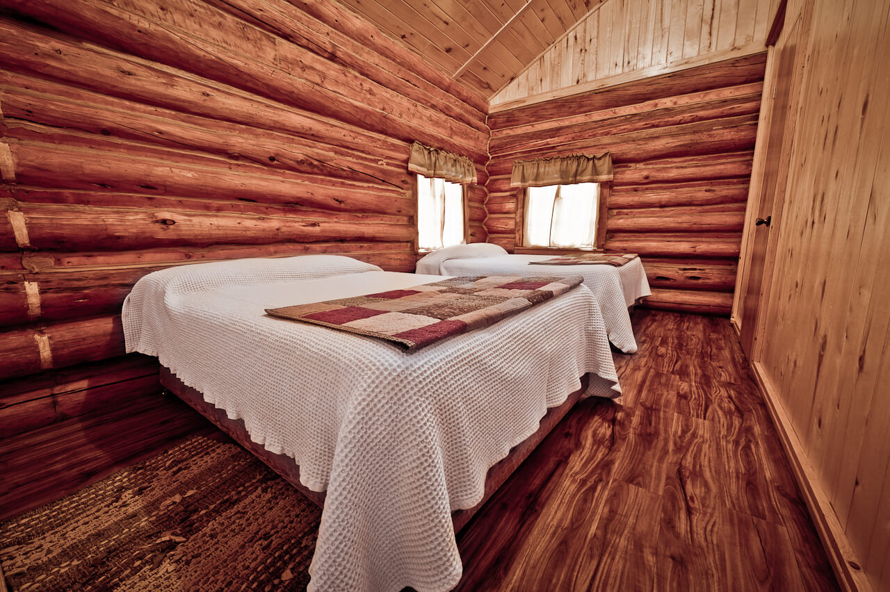 A wooden cabin with two beds