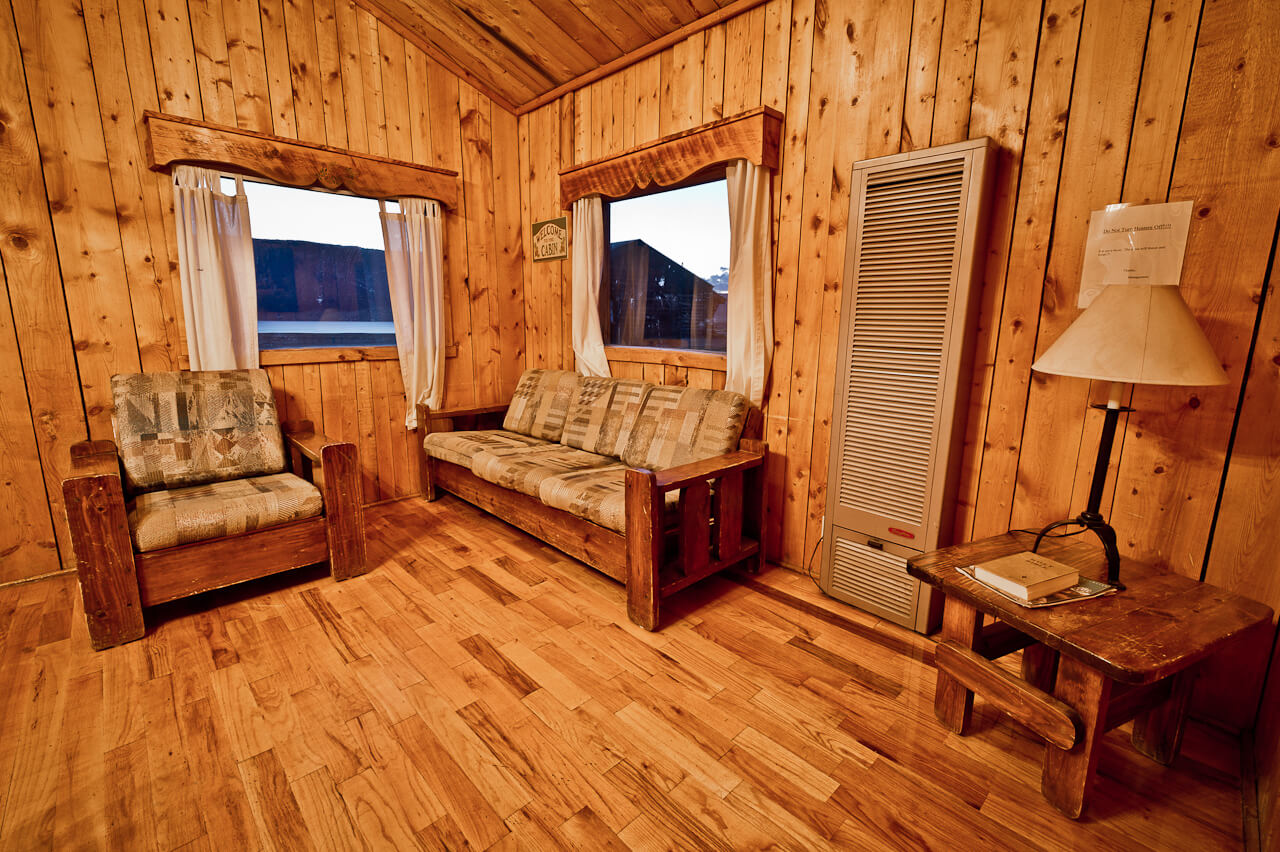Woodn cabin lounge area
