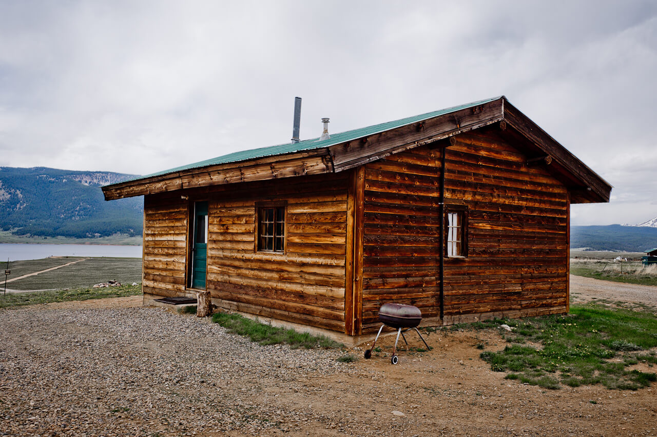 Wooden cabin with blue door