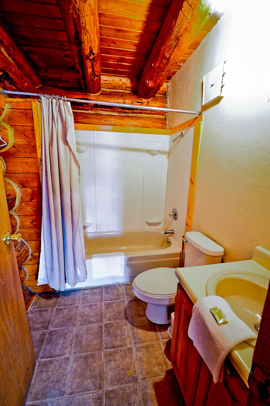 Wooden cabin bathroom with white walls