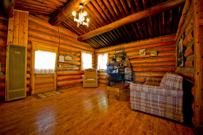 Wooden cabin with sofas and fireplace